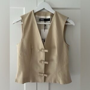Zara Beige Bows Linen Blend Vest